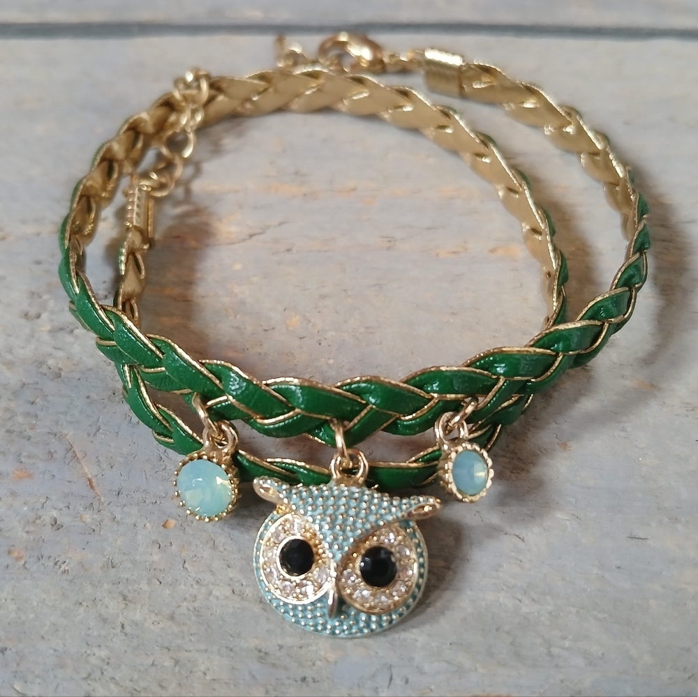 Rhinestone Owl Charm Braided Cord Bracelet